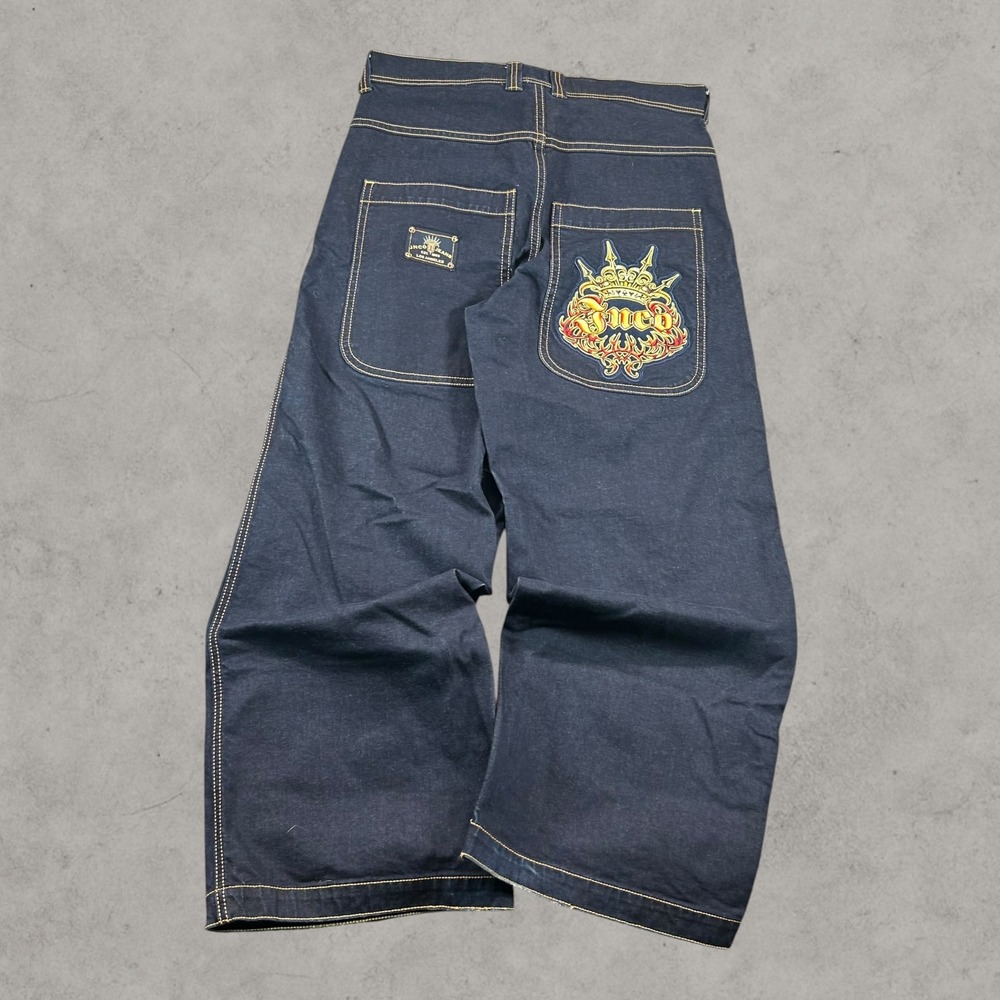JNCO Navy Relaxed Wide-Leg Jeans with Embroidered Back Patch